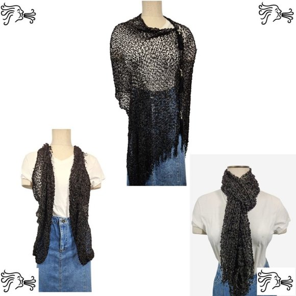 Black Scarf Poncho Vest Adjustable Tassel Wrap - Picture 1 of 4